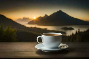 een kop van koffie Aan een tafel in voorkant van een berg visie. ai-gegenereerd foto