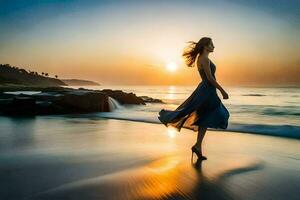 een vrouw in een blauw jurk rennen Aan de strand Bij zonsondergang. ai-gegenereerd foto