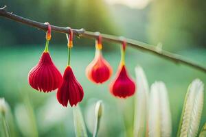 rood bloemen hangende van een Afdeling in de gras. ai-gegenereerd foto