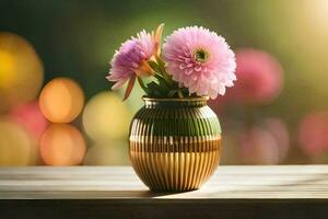 een vaas met roze bloemen Aan een tafel. ai-gegenereerd foto