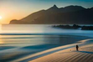 een Mens wandelen Aan de strand Bij zonsondergang. ai-gegenereerd foto