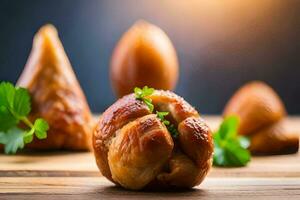 een dichtbij omhoog van sommige gebakken brood. ai-gegenereerd foto