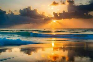 de zon stijgt over- de oceaan en golven Aan een strand. ai-gegenereerd foto