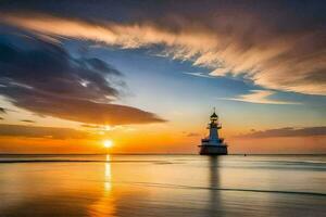 een vuurtoren staat Aan de strand Bij zonsondergang. ai-gegenereerd foto