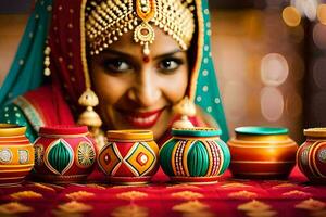 een vrouw in traditioneel Indisch jurk is glimlachen en Holding kleurrijk potten. ai-gegenereerd foto