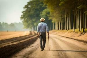 een Mens wandelen naar beneden een aarde weg met een riet. ai-gegenereerd foto