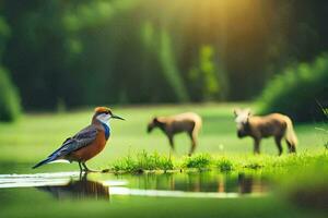 een vogel staand Aan de gras De volgende naar een vijver. ai-gegenereerd foto