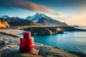 een rood fles zittend Aan top van een rots met uitzicht de oceaan. ai-gegenereerd foto