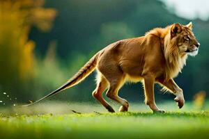 een leeuw wandelen aan de overkant een met gras begroeid veld. ai-gegenereerd foto