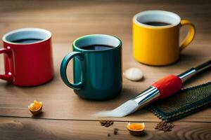 drie koffie cups en een borstel Aan een houten tafel. ai-gegenereerd foto