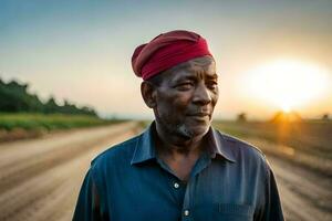 een Afrikaanse Mens in een rood hoed staat in een aarde weg. ai-gegenereerd foto