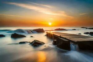 een houten dok in de oceaan Bij zonsondergang. ai-gegenereerd foto