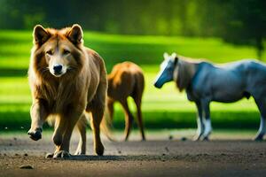 een hond en twee paarden wandelen Aan een weg. ai-gegenereerd foto