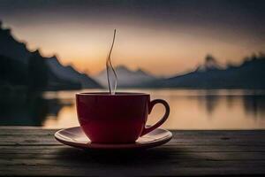 een kop van koffie Aan een houten tafel met bergen in de achtergrond. ai-gegenereerd foto