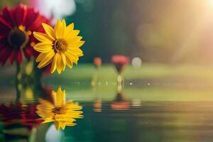 twee bloemen zijn weerspiegeld in de water. ai-gegenereerd foto