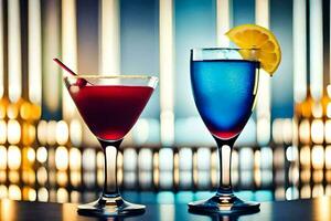 twee bril van cocktails met blauw en rood vloeistof. ai-gegenereerd foto