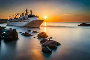 een reis schip in de oceaan Bij zonsondergang. ai-gegenereerd foto