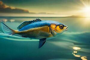 een vis drijvend in de oceaan met de zon in de achtergrond. ai-gegenereerd foto