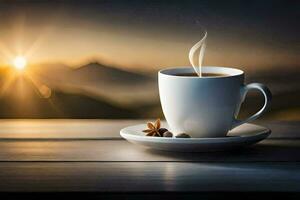 een kop van koffie Aan een houten tafel met een zonsopkomst in de achtergrond. ai-gegenereerd foto
