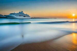 een reis schip in de oceaan Bij zonsondergang. ai-gegenereerd foto