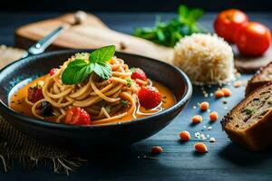 spaghetti met tomaat saus en brood Aan een houten tafel. ai-gegenereerd foto