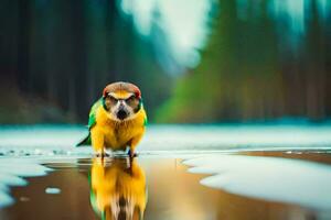 een vogel staand in de water met haar reflectie. ai-gegenereerd foto