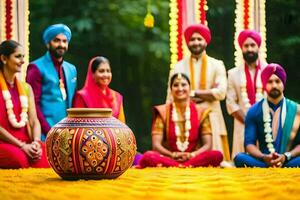 Indisch bruiloft ceremonie met familie en vrienden. ai-gegenereerd foto