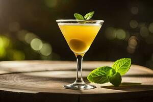 een cocktail met een groen blad Aan top. ai-gegenereerd foto