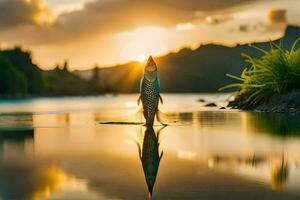 een vis is staand Aan de water Bij zonsondergang. ai-gegenereerd foto