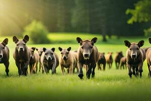 een kudde van wild paarden rennen aan de overkant een groen veld. ai-gegenereerd foto