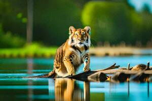 een tijger wandelen aan de overkant een rivier- in de water. ai-gegenereerd foto