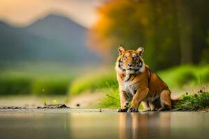 een tijger zittend Aan de rand van een meer. ai-gegenereerd foto