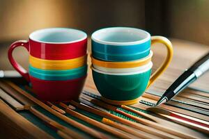 twee kleurrijk koffie cups zitten Aan een tafel met een pen. ai-gegenereerd foto