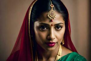 een mooi Indisch vrouw in een traditioneel sari. ai-gegenereerd foto