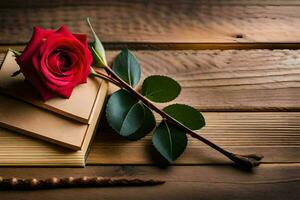 een rood roos en boeken Aan een houten tafel. ai-gegenereerd foto