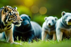 een tijger is staand in voorkant van een groep van dieren. ai-gegenereerd foto