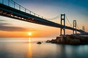 de zon sets over- de baai brug in san francisco. ai-gegenereerd foto