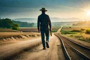 een Mens in een cowboy hoed wandelingen naar beneden een spoorweg spoor. ai-gegenereerd foto