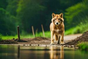 een wolf is wandelen langs een pad in de buurt een rivier. ai-gegenereerd foto