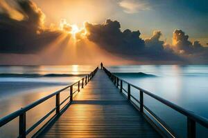 een pier met een Mens staand Aan het Bij zonsondergang. ai-gegenereerd foto