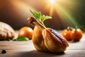 kip poten Aan een houten tafel met tomaten en brood. ai-gegenereerd foto