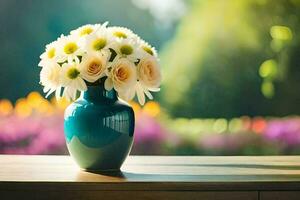 een vaas met wit en geel bloemen Aan een tafel. ai-gegenereerd foto