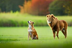 een leeuw en een hond in een veld. ai-gegenereerd foto
