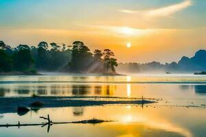 de zon stijgt over- een meer in Thailand. ai-gegenereerd foto