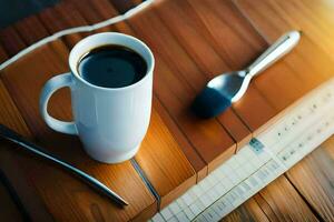 een kop van koffie en een lepel Aan een houten tafel. ai-gegenereerd foto