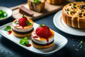 drie klein desserts met aardbeien Aan een wit bord. ai-gegenereerd foto