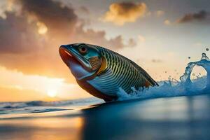 een vis is zwemmen in de oceaan Bij zonsondergang. ai-gegenereerd foto