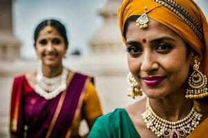 twee Dames in traditioneel Indisch kleding. ai-gegenereerd foto