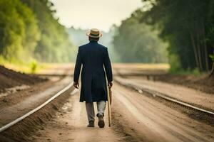 een Mens in een hoed en jas wandelen naar beneden een aarde weg. ai-gegenereerd foto