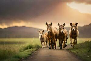 een groep van paarden rennen naar beneden een weg. ai-gegenereerd foto